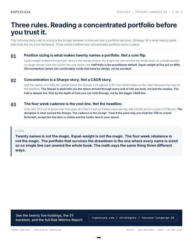 Card 3 of 3, lesson: Focused Largecap 20: twenty sized bets on a factsheet