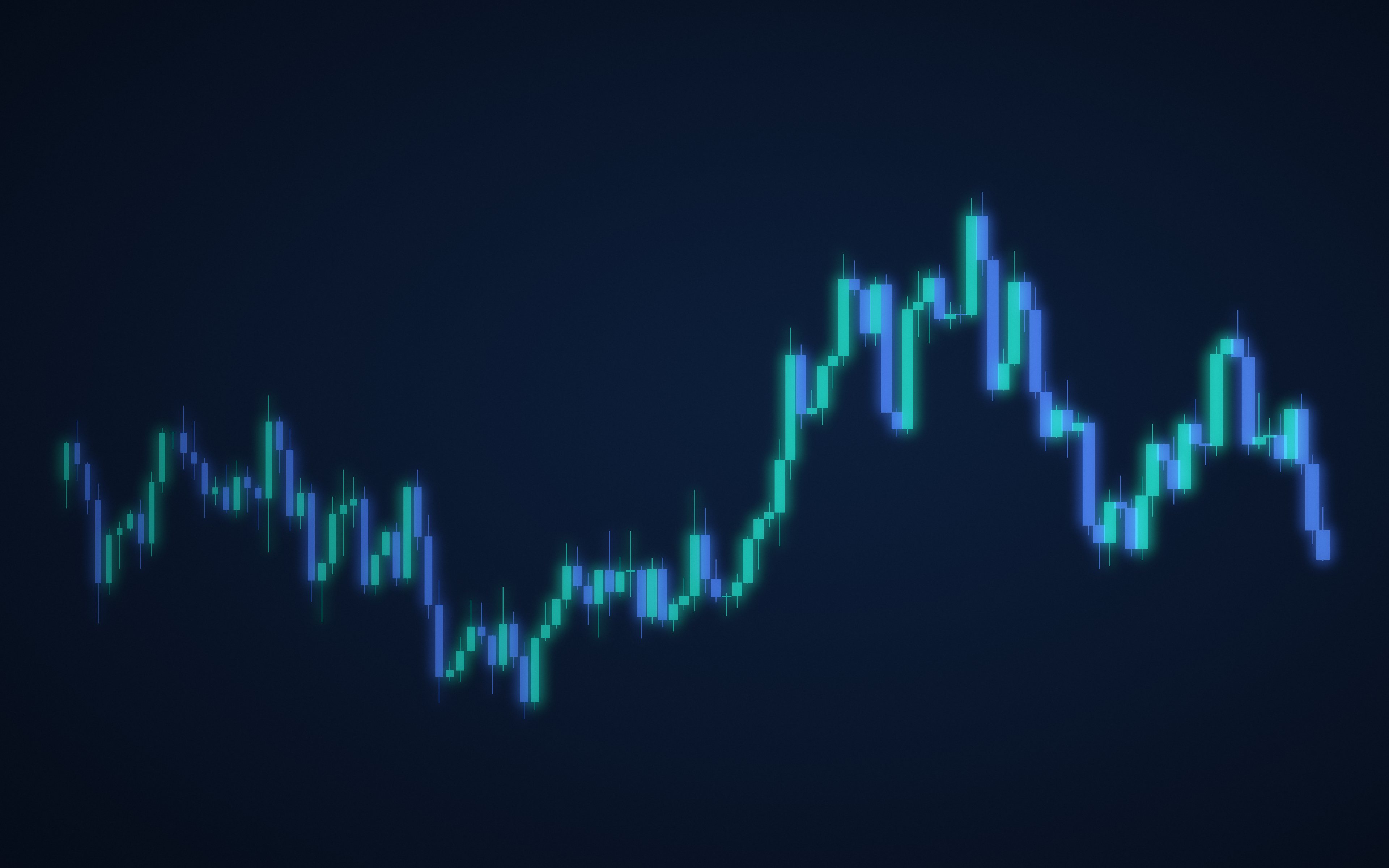 A long line of teal and blue candlesticks rising across a navy field