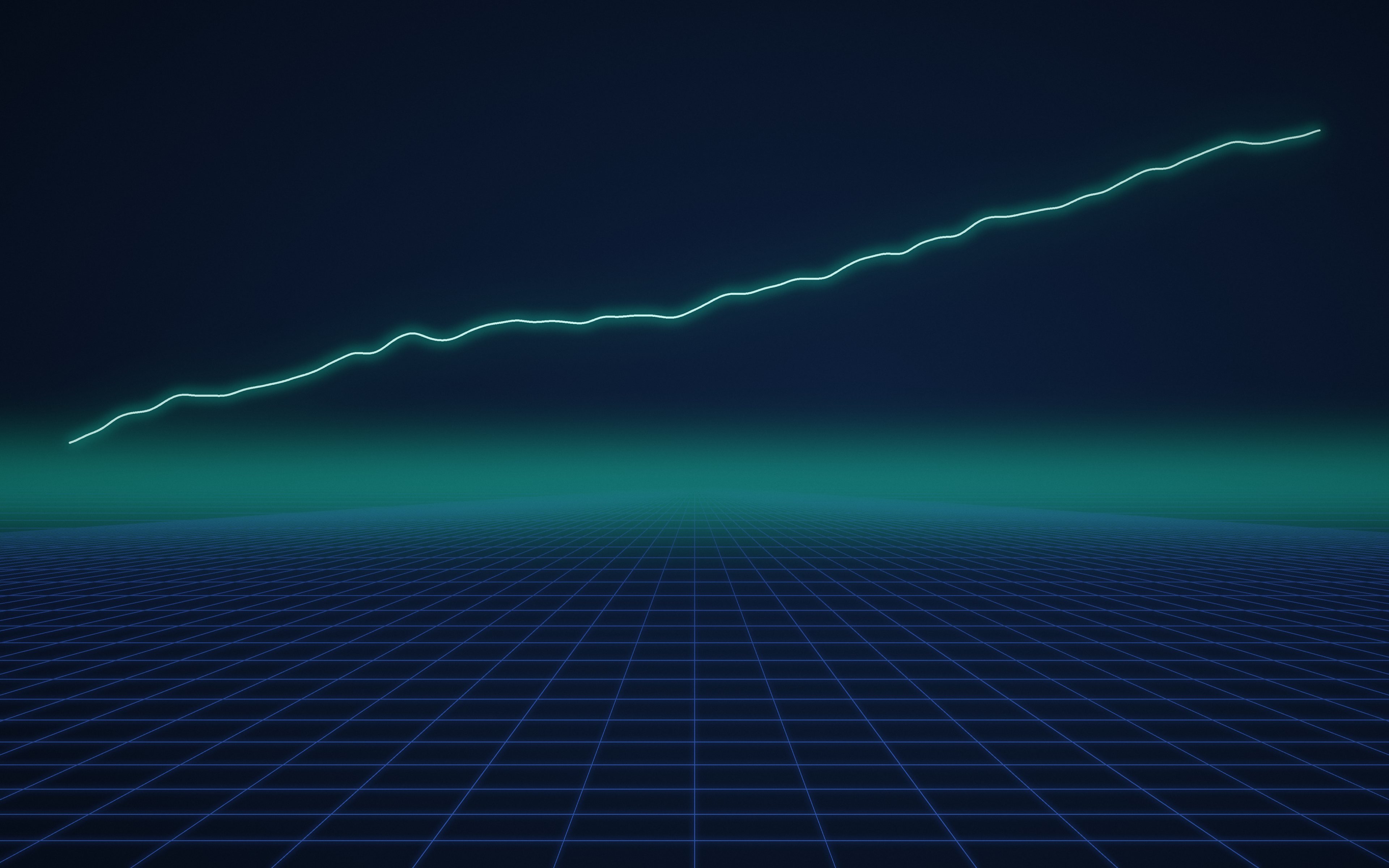 A perspective grid running to a glowing horizon, a rising line drawn above it