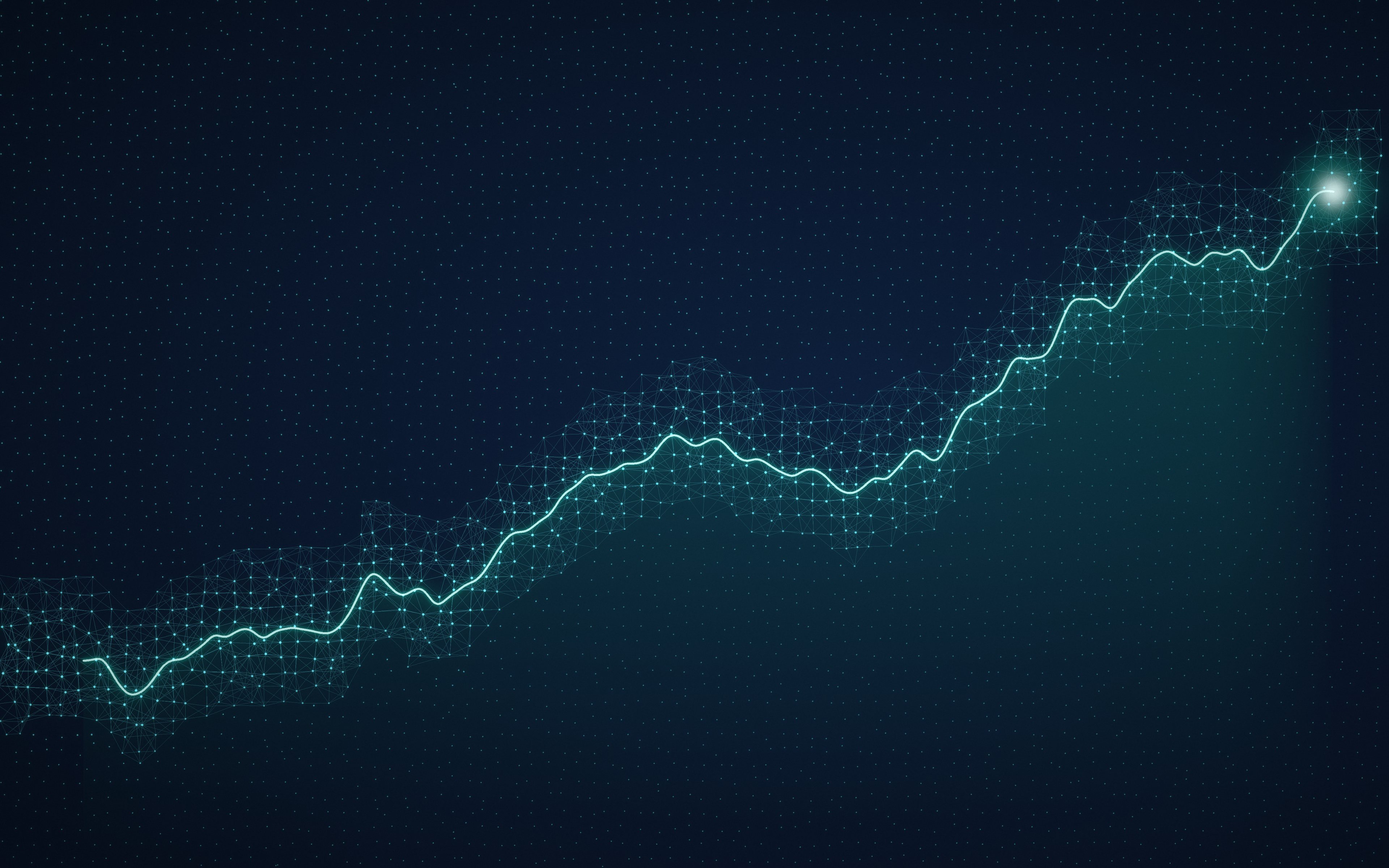 A field of glowing teal nodes on navy, linked into a rising index line that ends in a bright point