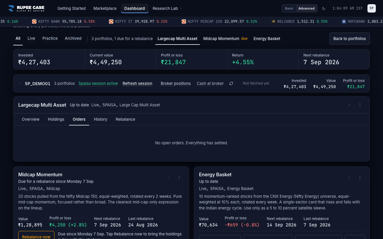 The RupeeCase order log with each order and its broker fill, sample data