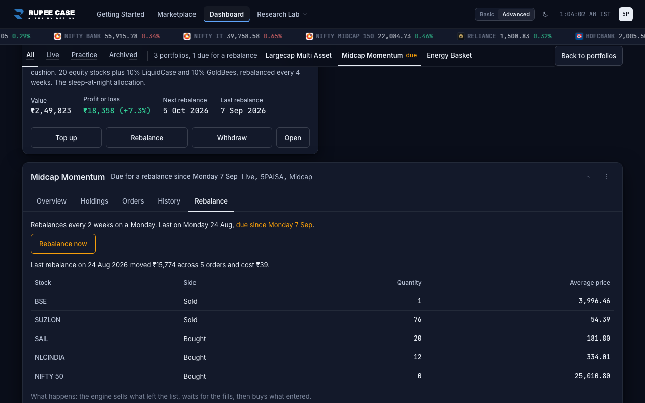 A rebalance running: selling, confirming, buying, dark theme, sample data