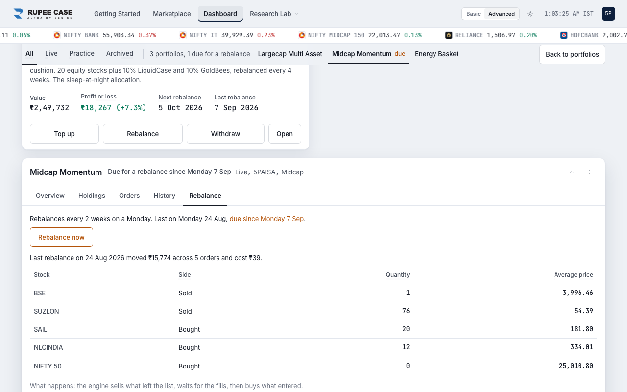 A rebalance running: selling, confirming, buying, light theme, sample data